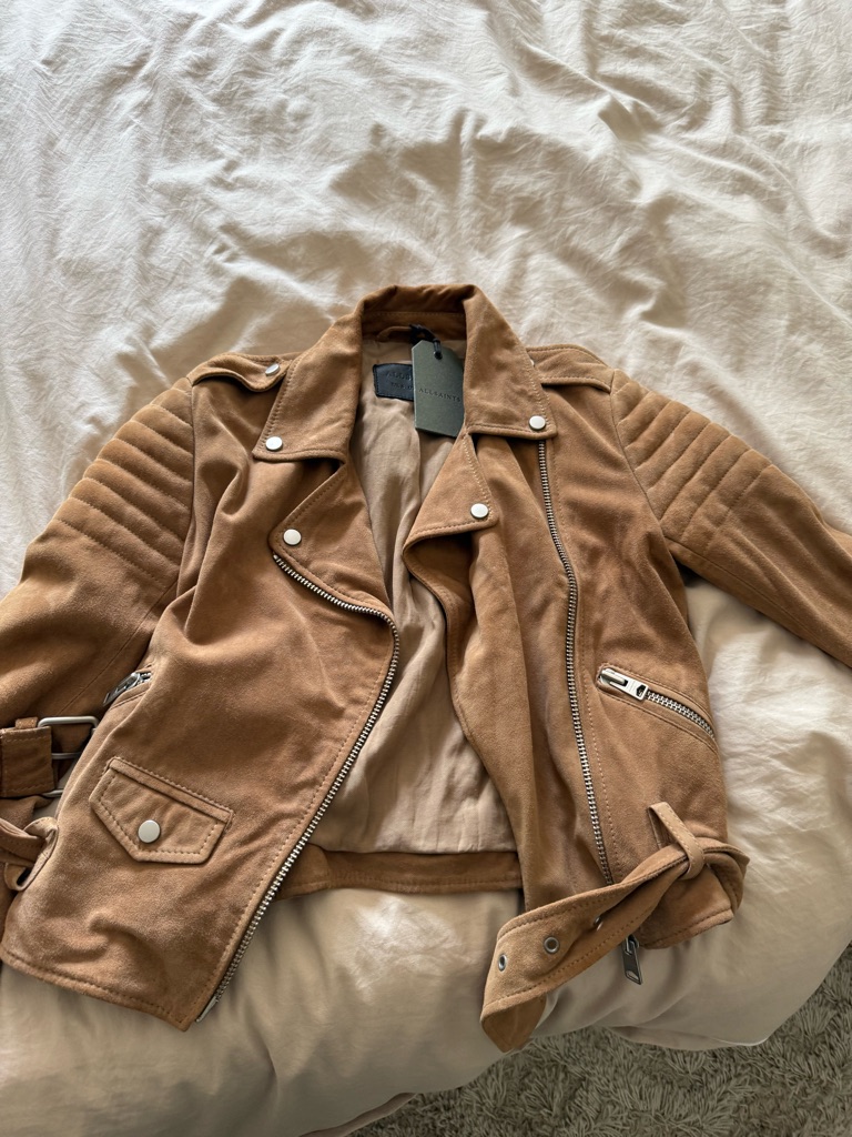 Allsaints Suede Moto Jacket In Tan Brown